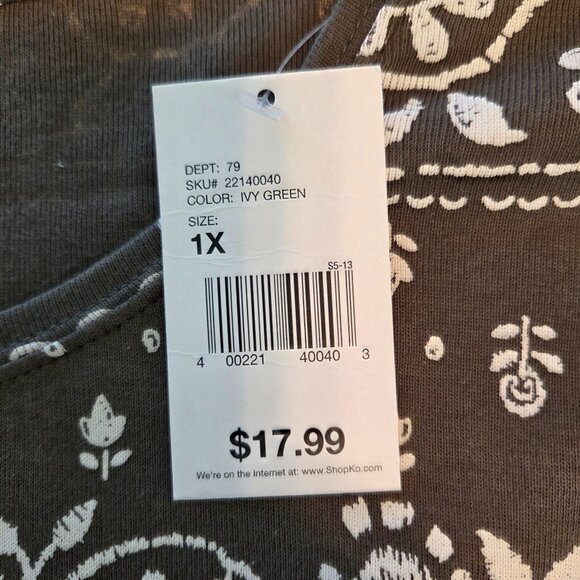 NWT North Crest Women’s Plus 1X Short Sleeve Tee Ivy Green & Cream Floral Print - Picture 7 of 8